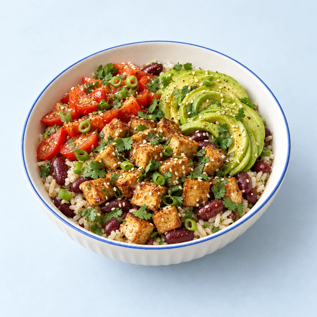 Bowl mit Reis, Kidneybohnen, gebratenen Räuchertofuwürfeln, Tomaten, einer Avocadospirale, Frühlingszwiebeln und Sesam.