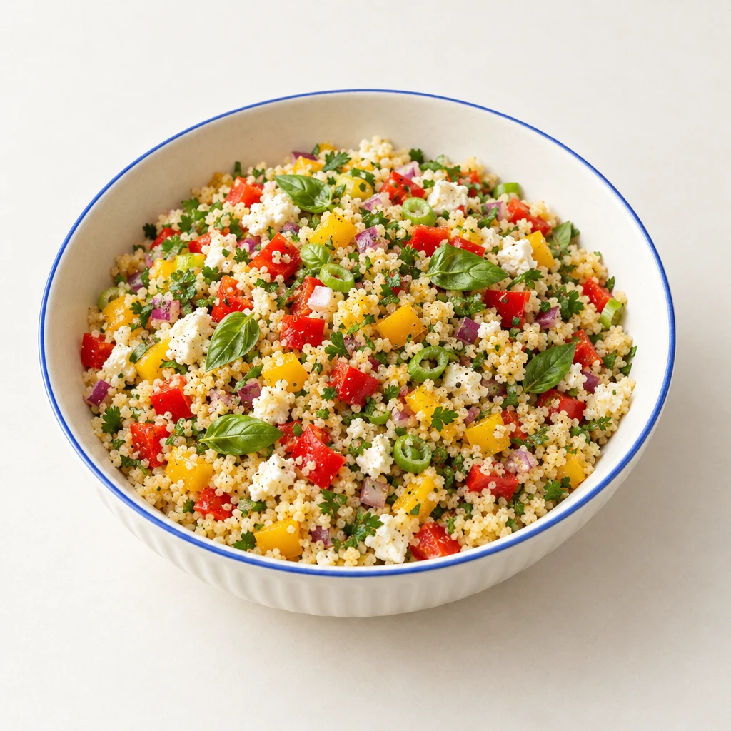 Couscous salad with diced red and yellow peppers, sheep’s milk cheese, onions and herbs, garnished with basil.