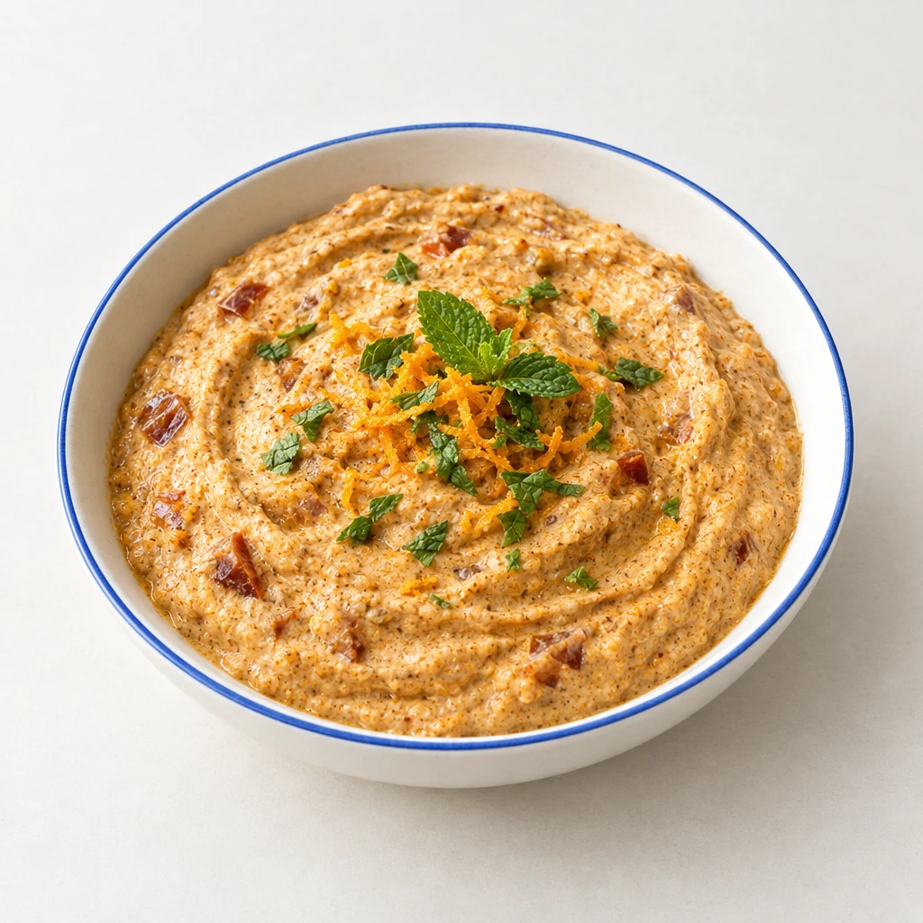 Creamy spiced date dip garnished with fresh mint in a bowl.