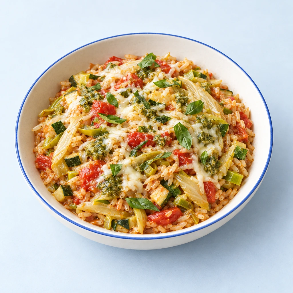 Gemüsereis mit Tomaten, Chicorée, Lauch und Zucchini, garniert mit Basilikum und geriebenem Mozzarella.