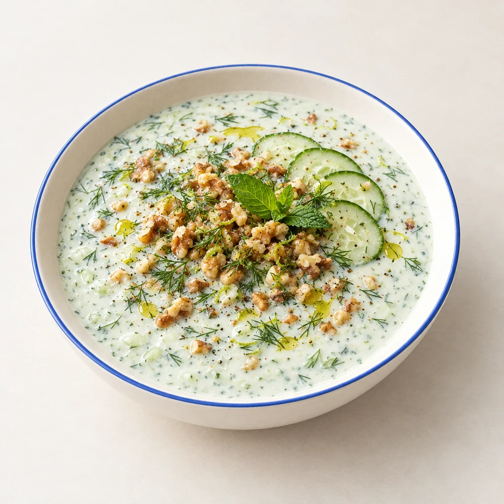 Kalte Gurken-Joghurt-Suppe mit Dill, gehackten Walnüssen, Gurkenscheiben und Minze in einer Schale.