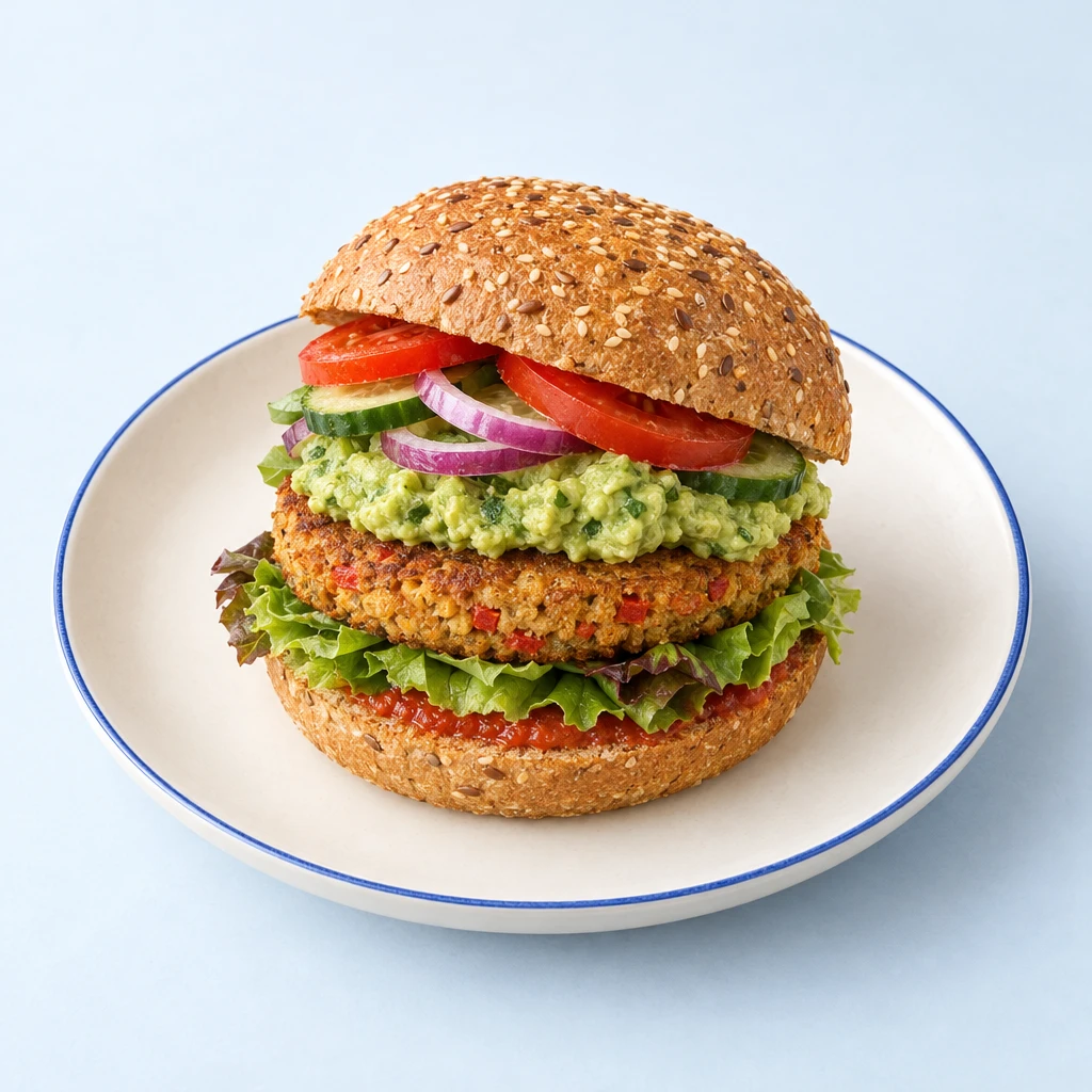 Tofu-Burger mit Avocado-Basilikum-Creme, Chili-Ketchup, Salat, Zwiebelringen, Gurke und Tomate.