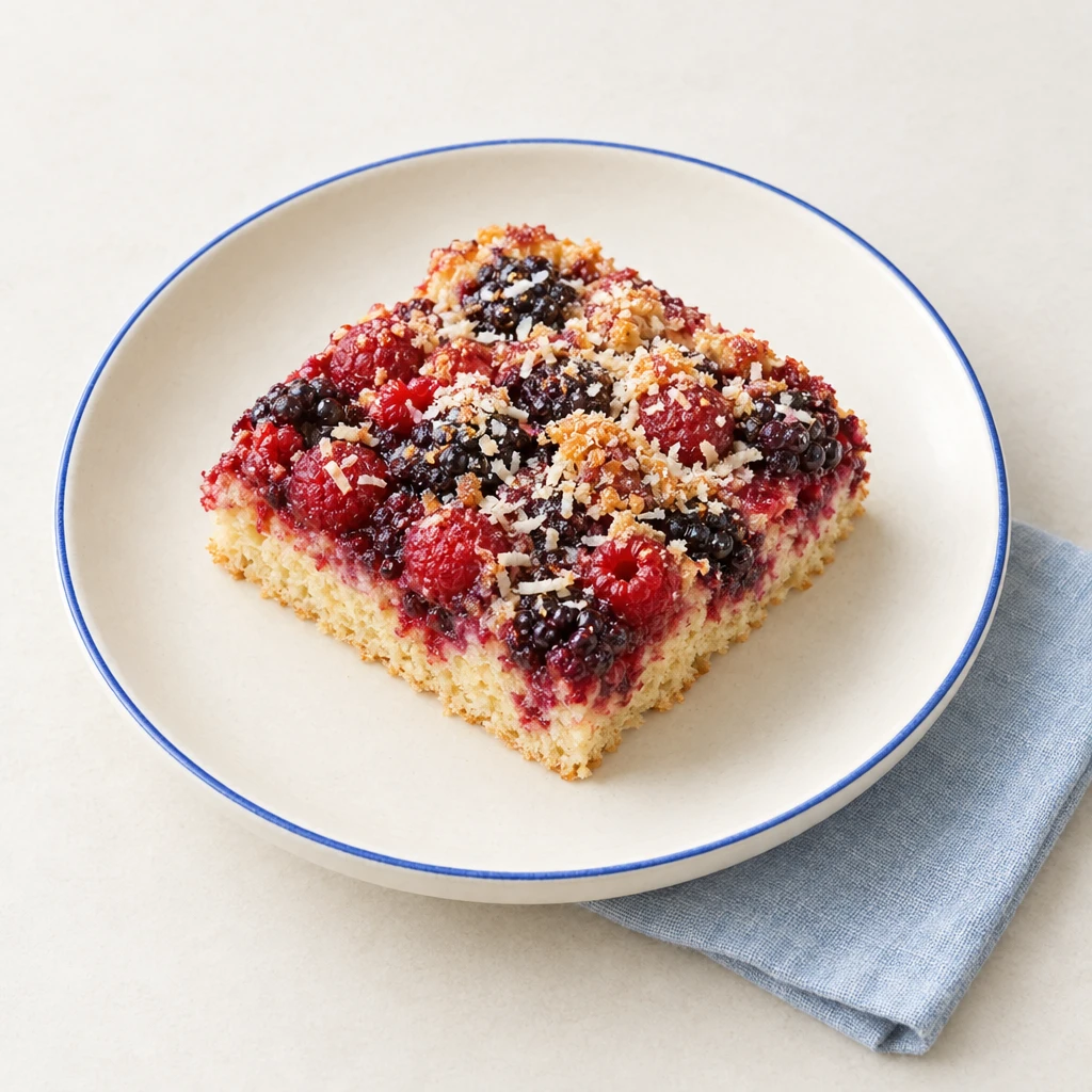 Rectangular slices of blackberry and raspberry traybake with a light yeast dough base and desiccated coconut.