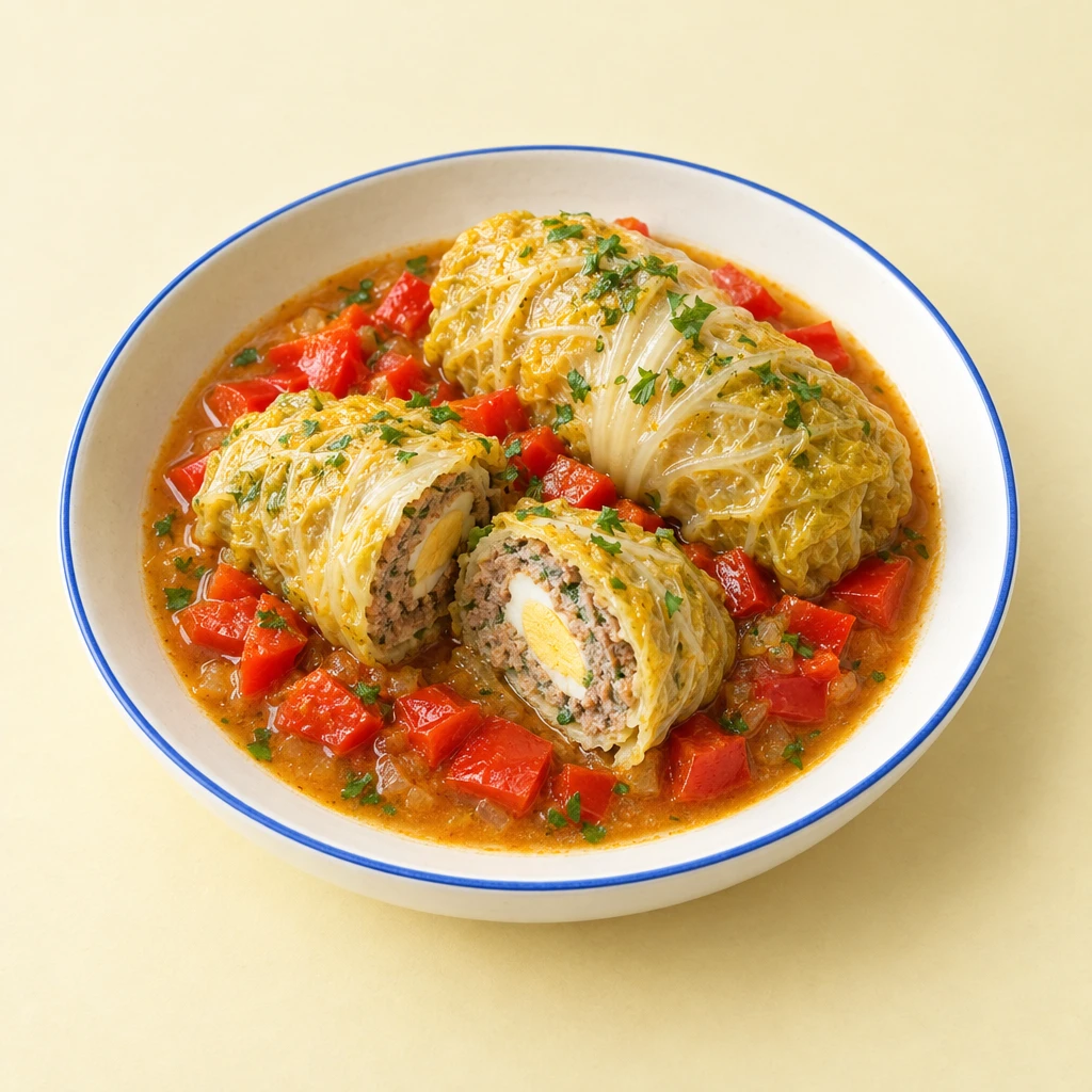 Chinakohlrouladen mit Schweinehackfleisch und Ei, eine aufgeschnitten, mit roten Paprikawürfeln und Garfond.