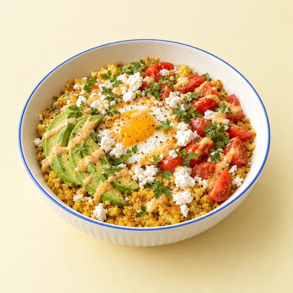 Breakfast bowl with curried cauliflower, avocado, tomatoes, fried egg, feta and miso dressing.