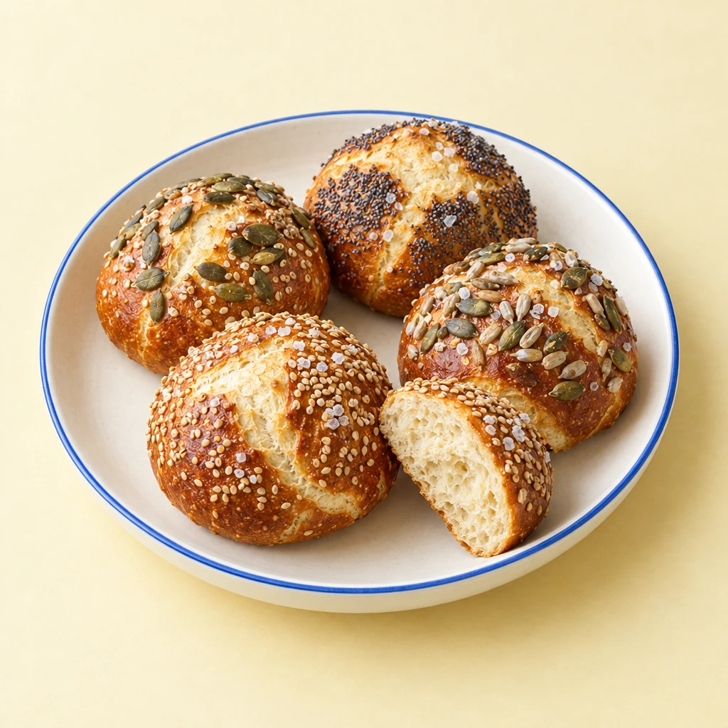 Golden-brown pretzel rolls topped with sesame seeds, pumpkin seeds, sunflower seeds and poppy seeds on a plate.