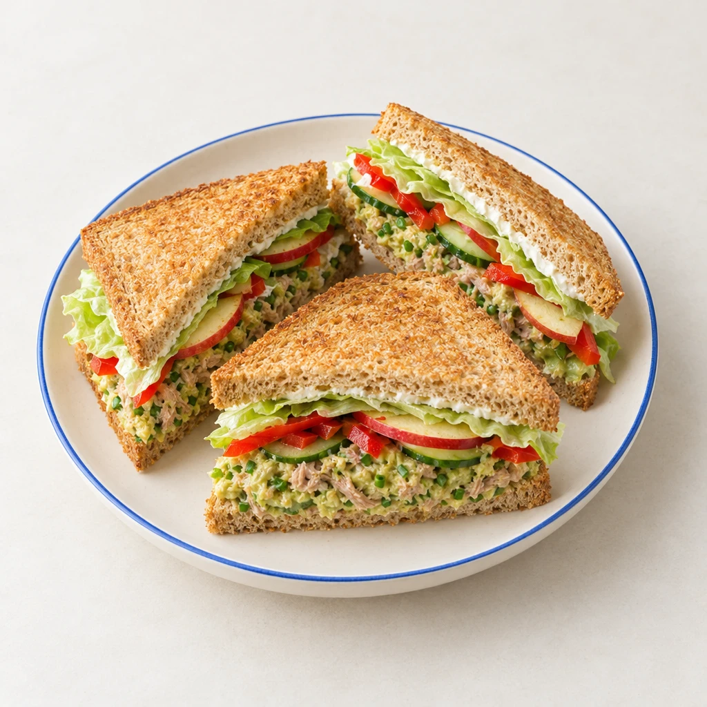 Diagonal halbierte Vollkorn-Sandwiches mit Avocado-Thunfisch-Creme, Frischkäse, Apfel, Gurke, roter Paprika und Eisbergsalat auf einem Teller.