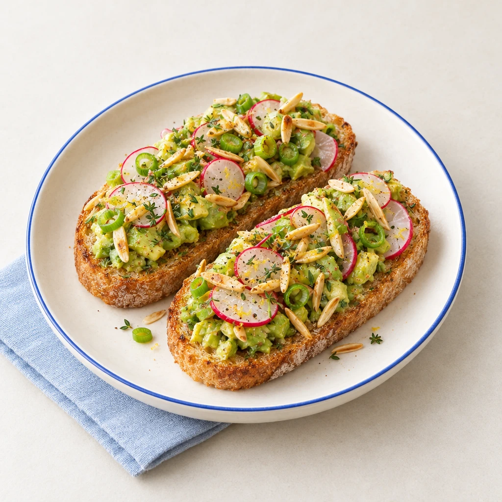 Toasted ciabatta topped with diced avocado, spring onions, slivered almonds and thinly sliced radishes.