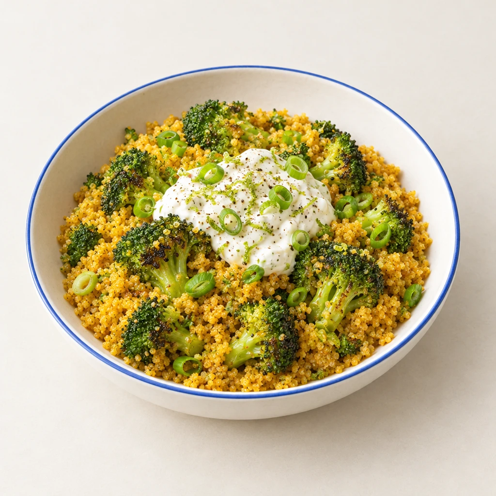 Crisp, pan-fried couscous with broccoli and a soured cream dip with lime zest and spring onions.