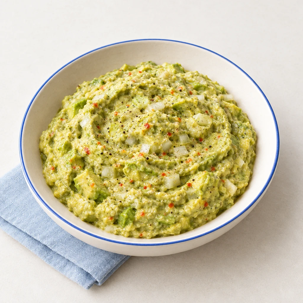Pale green, creamy avocado spread in a shallow bowl.