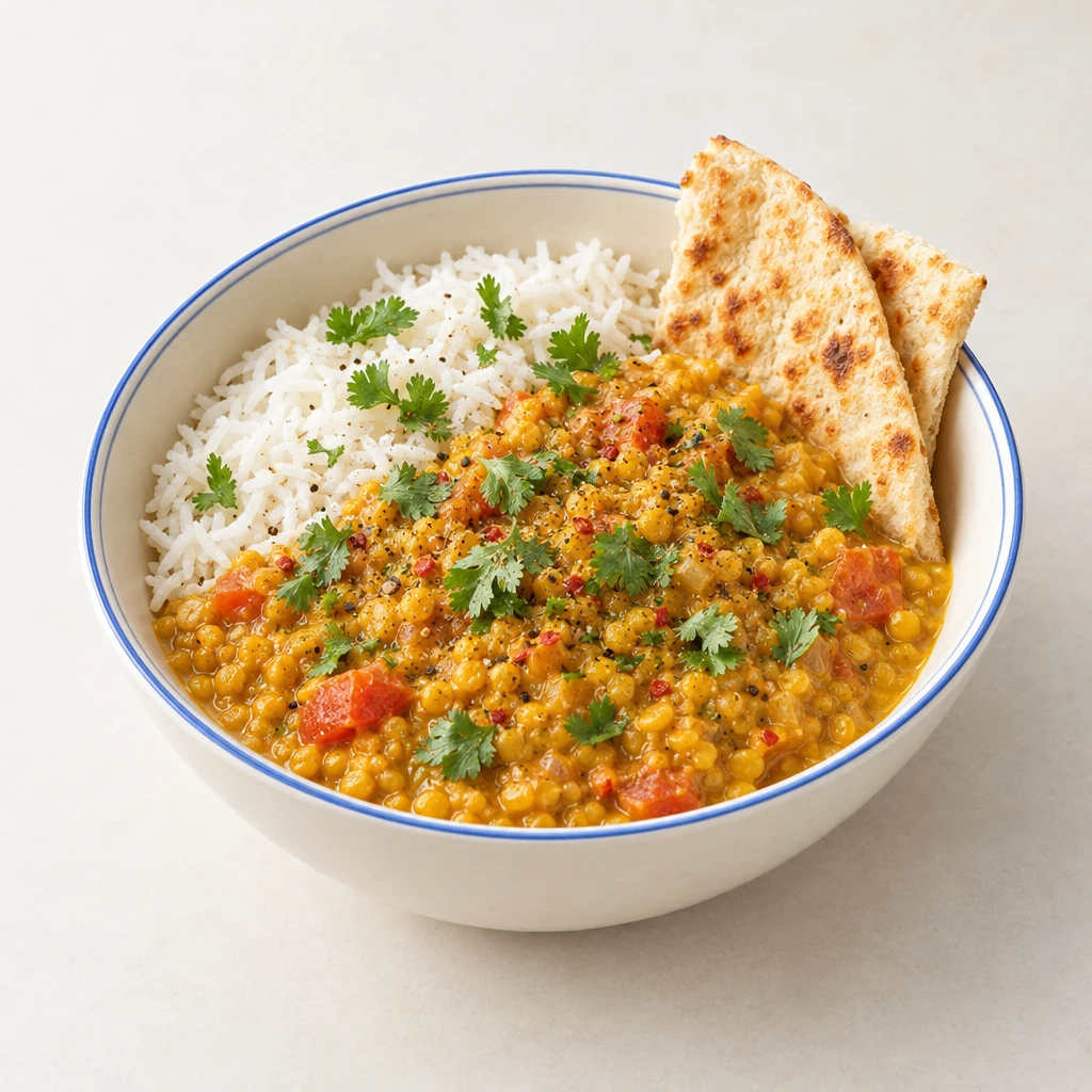 Gelbe Currylinsen mit Kokosmilch, Tomaten und Koriander, dazu Basmatireis und Fladenbrot auf einem Teller.