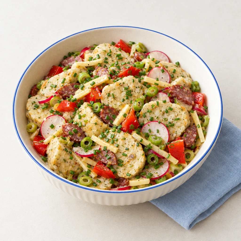 Knödelsalat mit Semmelknödelscheiben, Bergkäse, Kaminwurzen, Radieschen, Frühlingszwiebeln, Paprika und Schnittlauch.