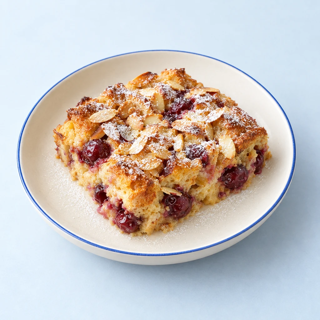 Golden-brown cherry bread pudding with morello cherries, flaked almonds and icing sugar on a plate.