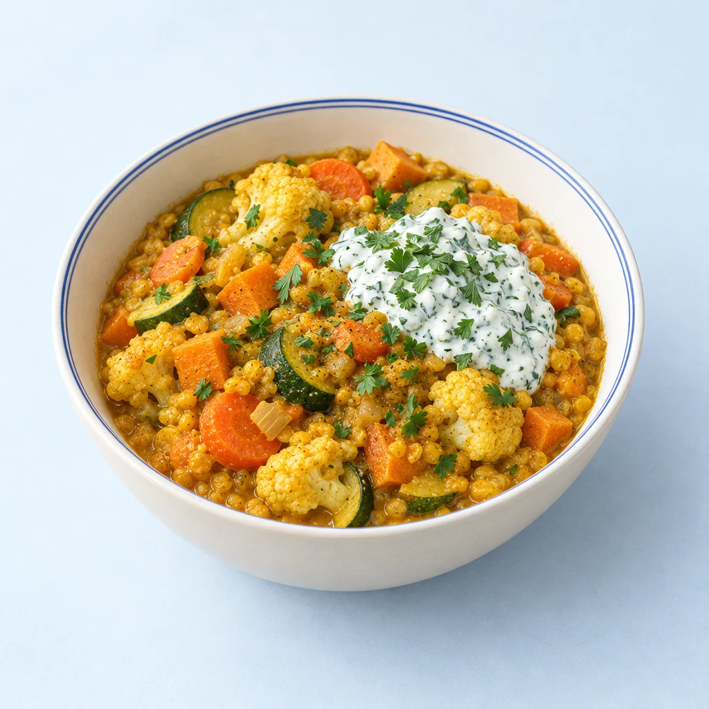 Linsencurry mit Zucchini, Möhren, Blumenkohl und Süßkartoffel, dazu Petersilien-Joghurt.