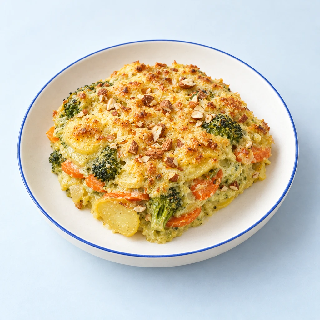 Avocado and potato bake with carrots, broccoli, lightly browned vegan cheese and chopped almonds.