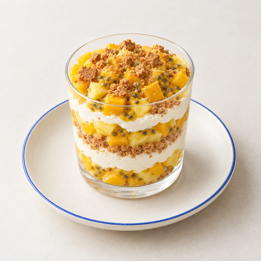 Layered mango and pineapple dessert in a glass with passion fruit, cream cheese filling and speculoos biscuit crumbs.
