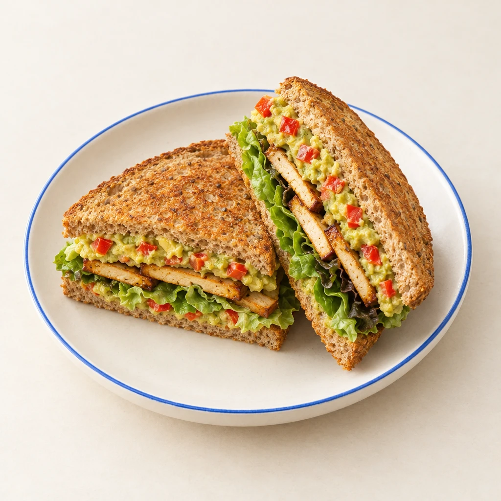 Wholemeal sandwiches with avocado and pepper spread, smoked tofu and salad leaves, with one cut open to reveal the filling.