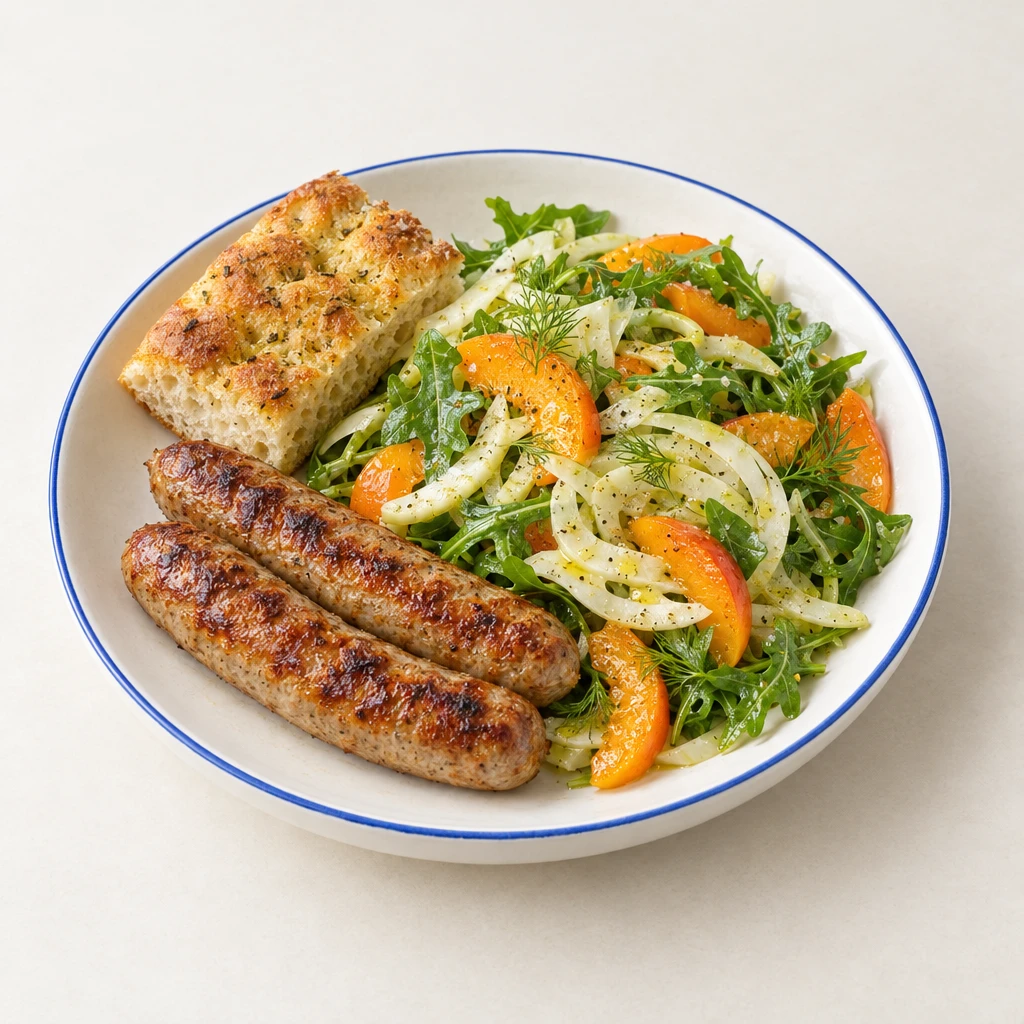 Gegrillte Salsiccia mit Fenchel-Aprikosen-Salat und gerösteter Focaccia.