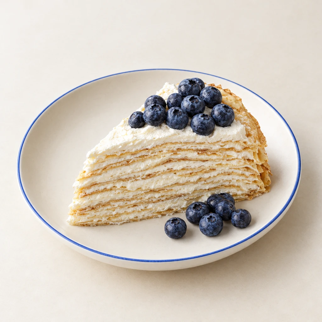Crêpe cake with thin layers of mascarpone cream, a cream topping and blueberries alongside.