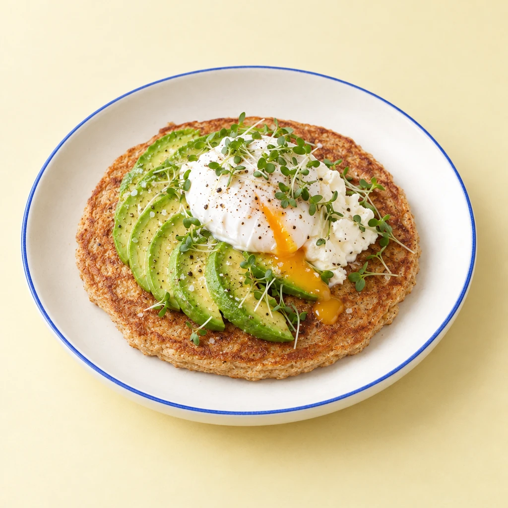 Golden-brown pancake with avocado wedges cooked into the surface in a fan, topped with a poached egg, cream cheese and cress on a plate.