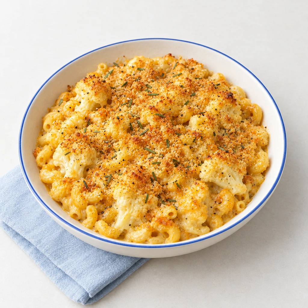 Überbackene Makkaroni mit Blumenkohl, cremiger Käsesauce und einer Rosmarin-Paniermehl-Kruste.