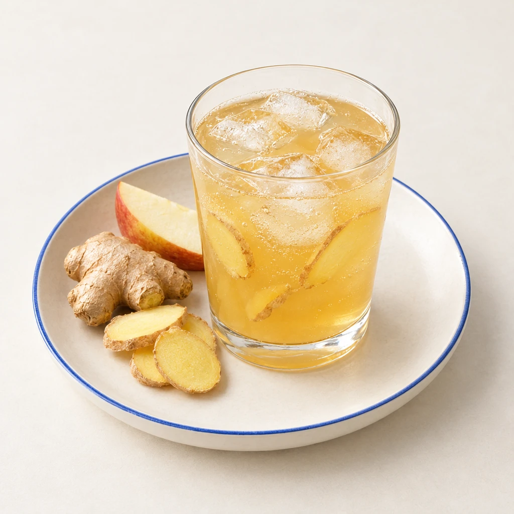Pale golden switchel with ice cubes and ginger slices in a glass.