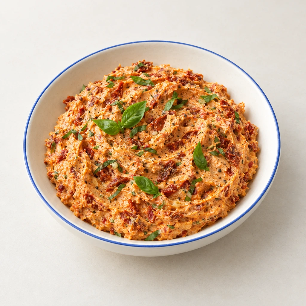 Reddish tomato butter with fine pieces of dried tomato and basil in a shallow bowl.