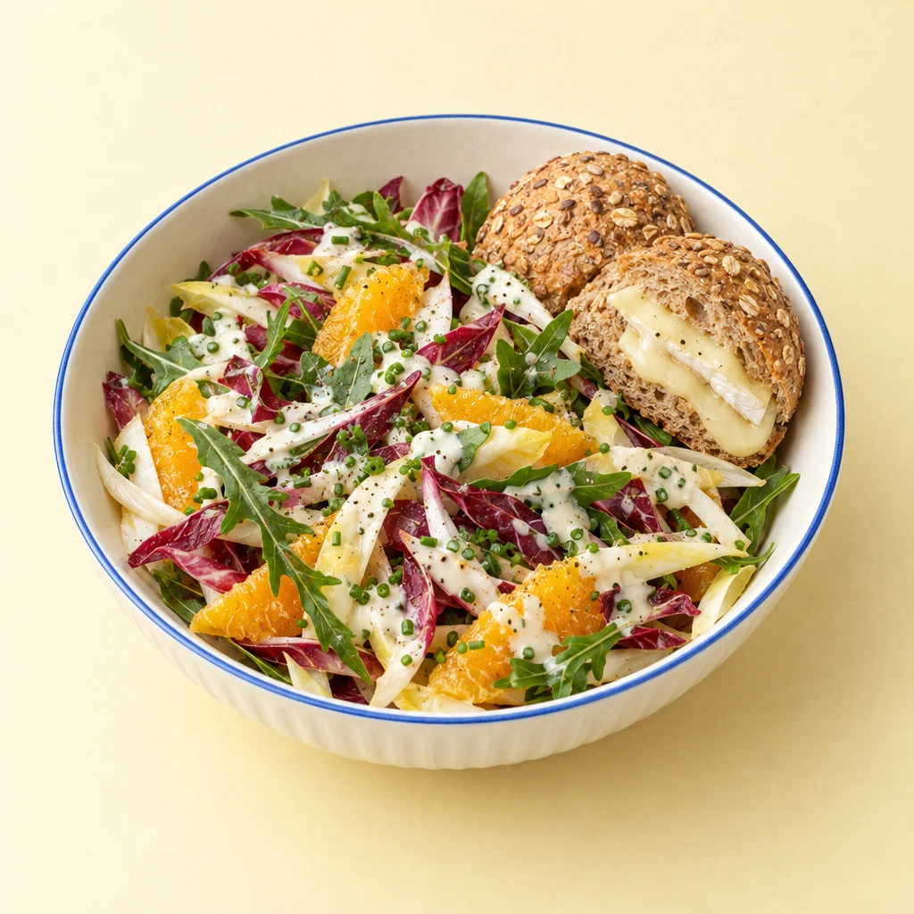 Bunter Chicorée-Salat mit Orange, Rucola und Schnittlauch-Joghurt-Dressing, daneben ein Vollkornbrötchen mit Käse.
