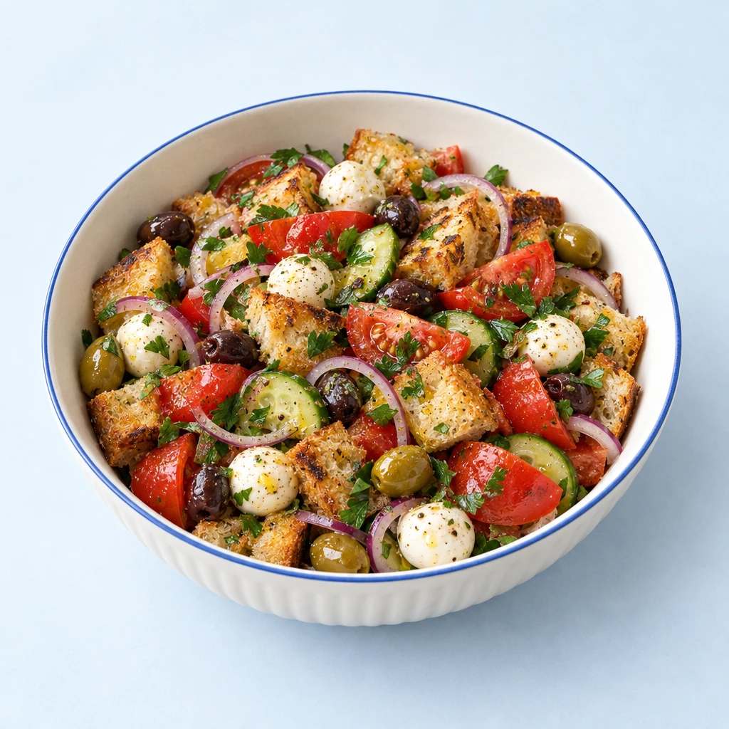 Sommerlicher Brotsalat mit gerösteten Brotscheiben, Tomaten, Minigurken, roten Zwiebeln, Oliven, Mini-Mozzarella und Petersilie.