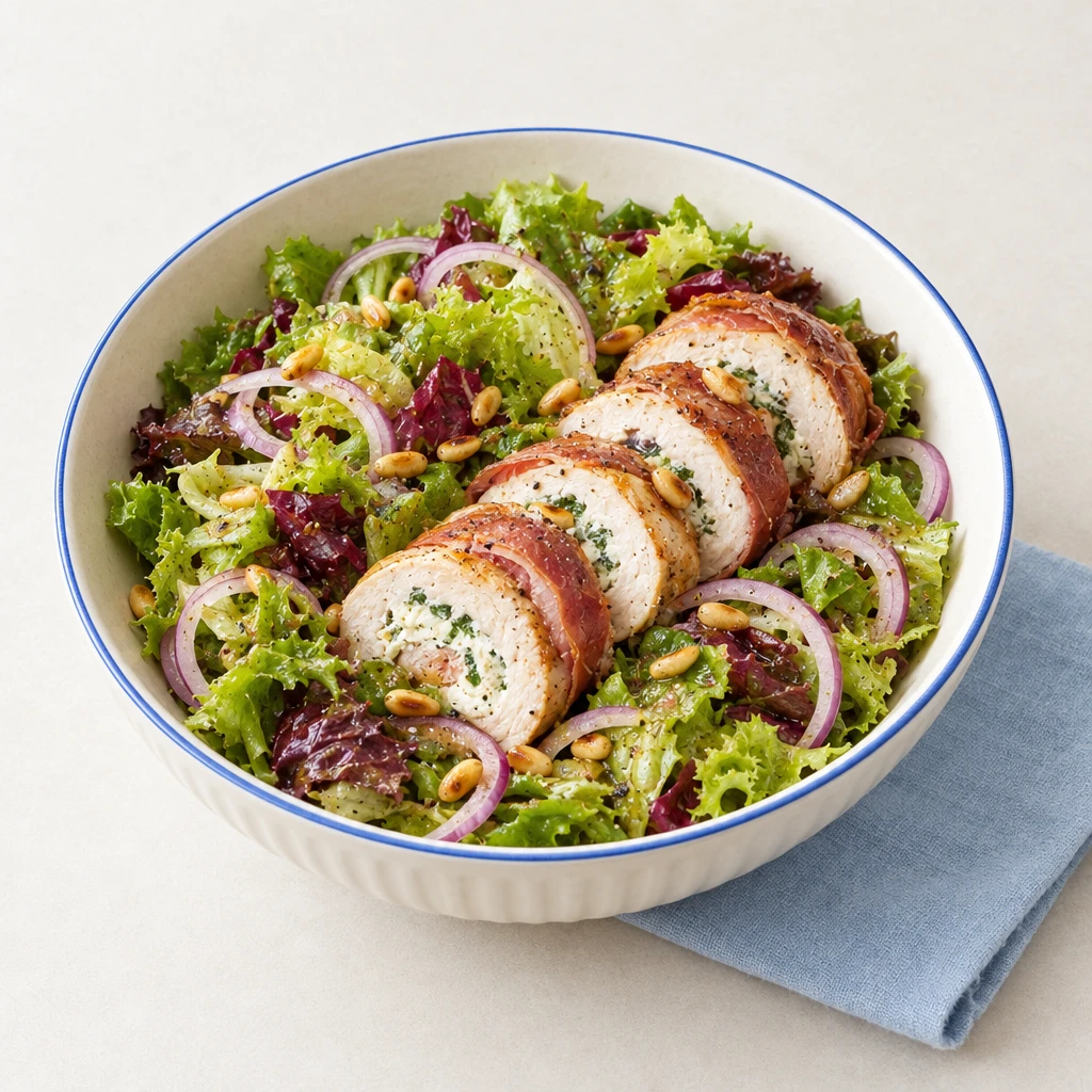 Blattsalat mit aufgeschnittener Hähnchenbrust im Schinkenmantel, Kräuterfrischkäsefüllung, Zwiebelringen und Pinienkern-Vinaigrette.