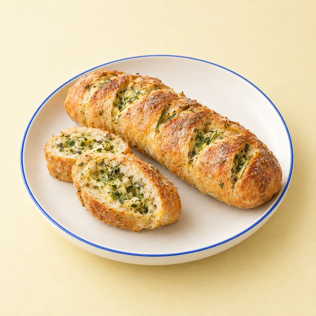 Golden-brown barbecued herb baguette on a plate, cut open to reveal its herb and garlic butter filling.