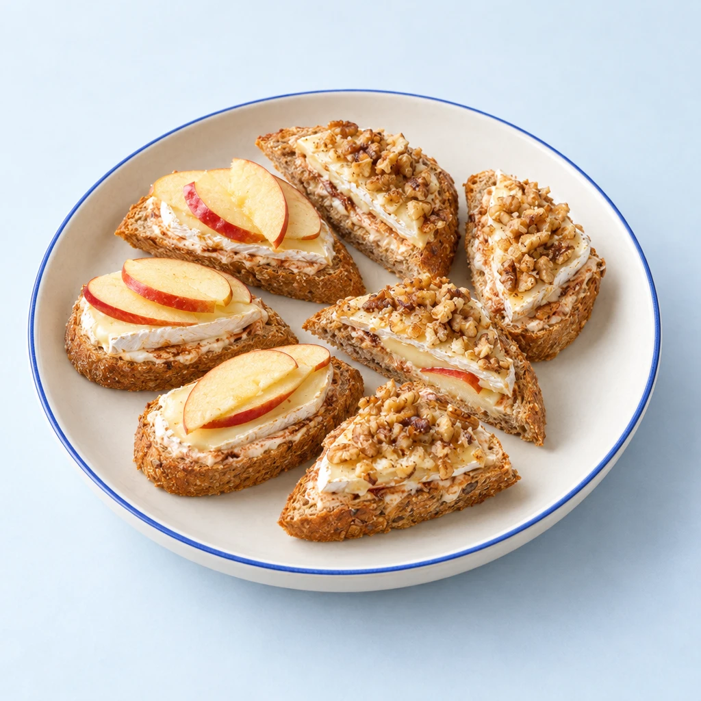 Diagonal halbierte Vollkornbaguette-Sandwiches mit Camembert, Frischkäse, Apfelscheiben und gehackten Walnüssen.