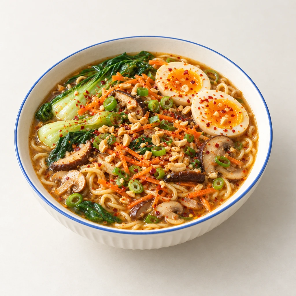 Ramen soup with mushrooms, pak choi, grated carrots and egg halves, topped with spring onions, peanuts and chilli flakes.
