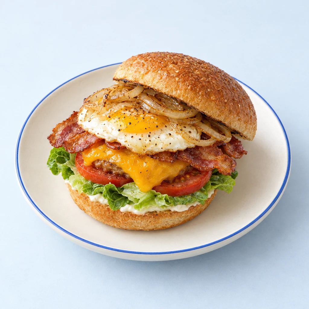Frühstücksburger im getoasteten Brötchen mit Spiegelei, Bacon, Cheddar, Tomate, Römersalat und Zwiebeln.
