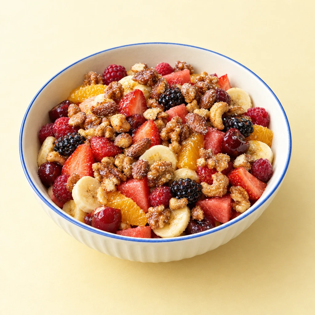 Colourful fruit salad with bananas, cherries, berries, orange and watermelon, topped with sugar-coated nuts and caramel.