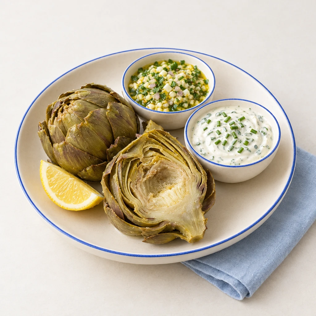 Boiled artichokes with an egg and parsley dip and a creamy chive dip.