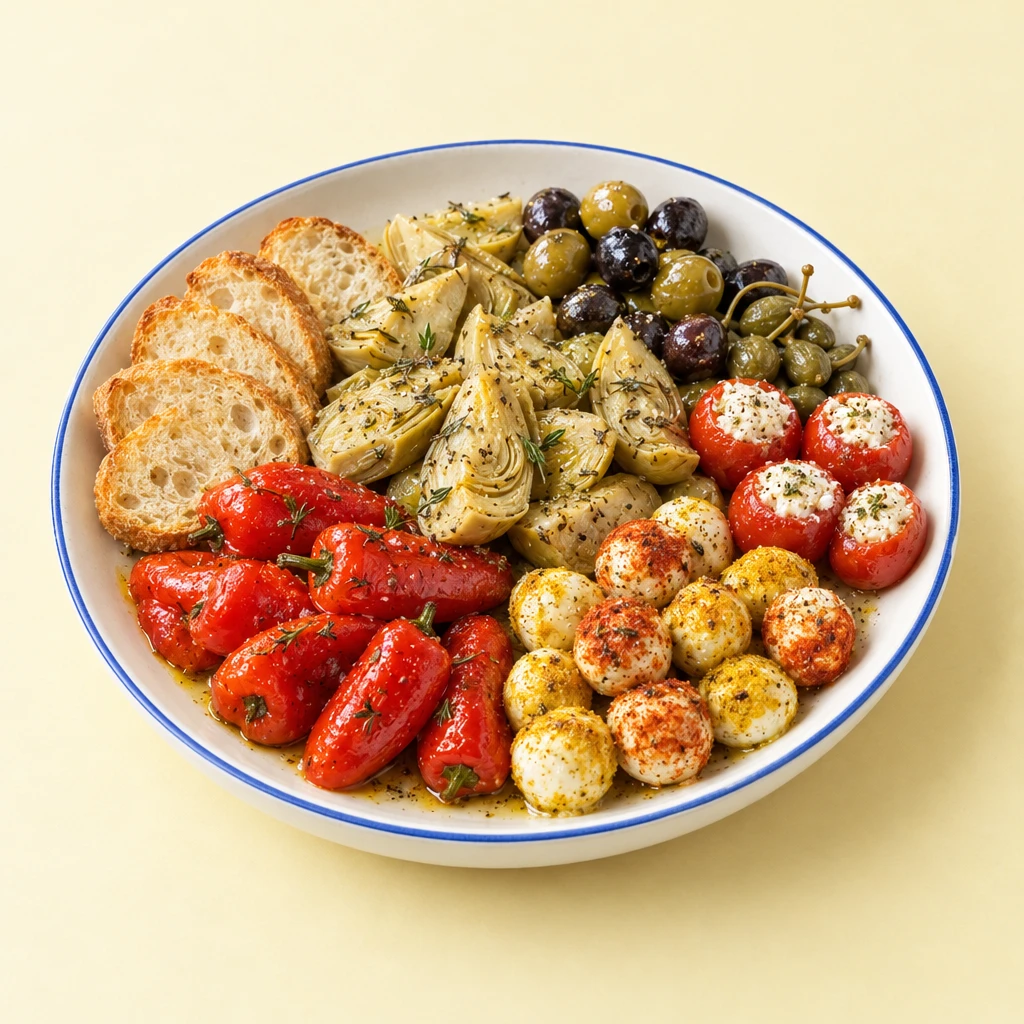 Artichoke quarters, paprika- and curry-coated mozzarella balls and pan-roasted mini peppers on a plate.