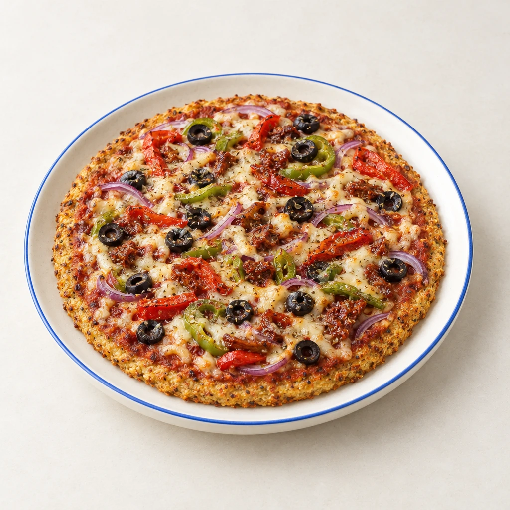 Cauliflower pizza topped with tomato sauce, red onion, black olives, pimientos and a vegan cheese alternative, cut into pieces.