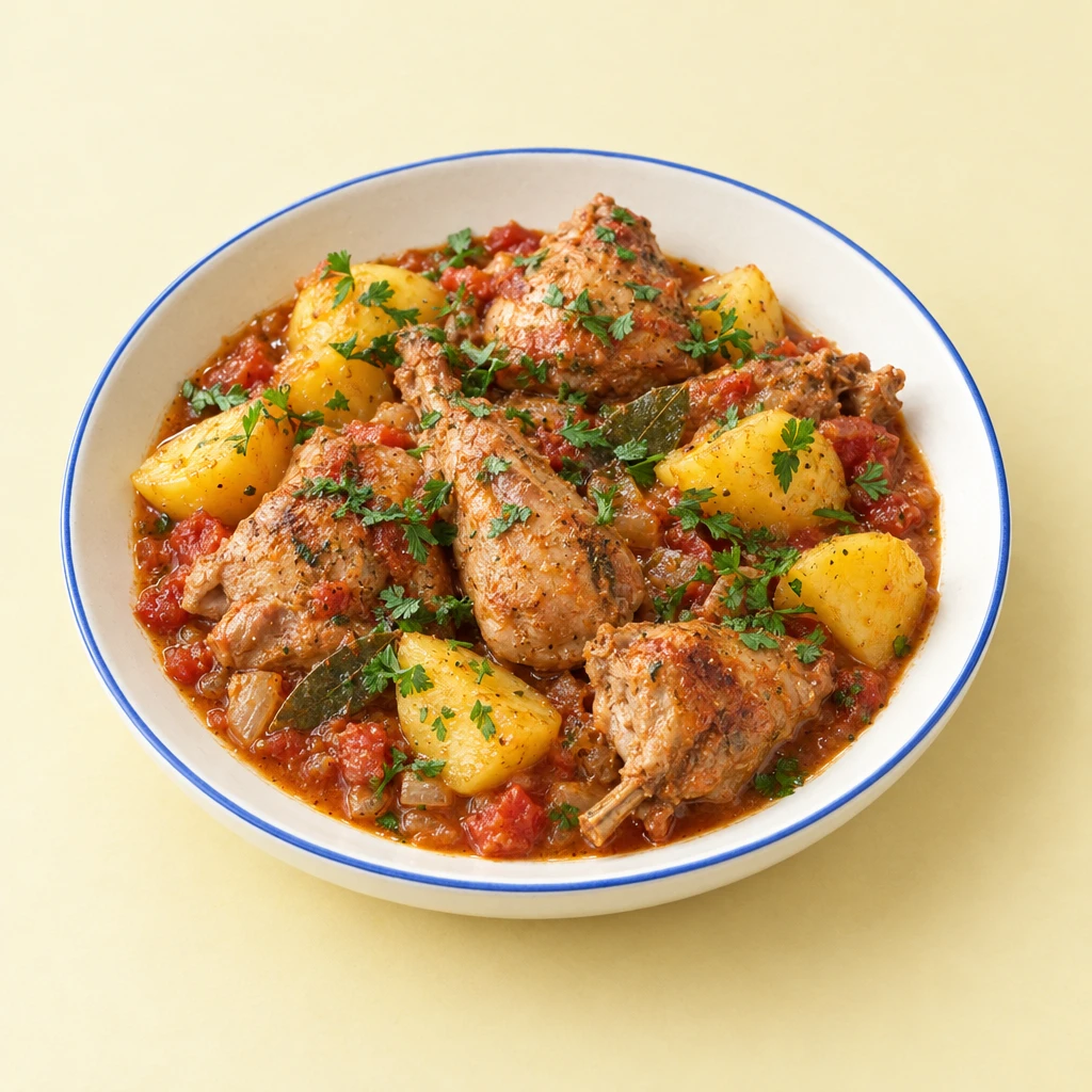 Geschmorte Kaninchenstücke in Tomatensauce mit Zwiebeln, dazu Salzkartoffeln und fein geschnittene Petersilie.