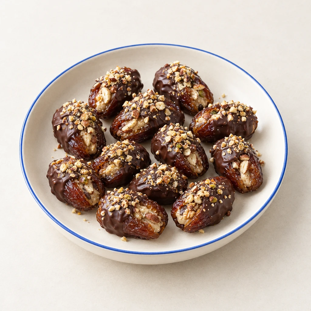 Dates filled with almond butter and nuts on a plate, half-coated in dark chocolate and sprinkled with chopped nuts.