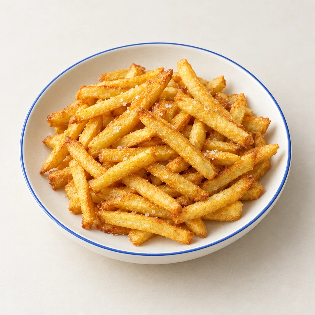 Golden skin-on chips sprinkled with sea salt on a plate.