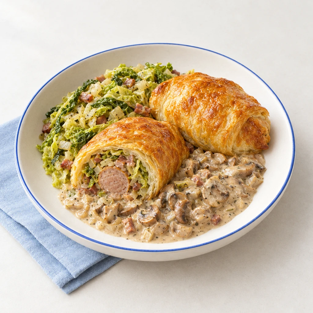 Sliced sausages in golden puff pastry with a Savoy cabbage and bacon filling and creamy mushroom sauce.