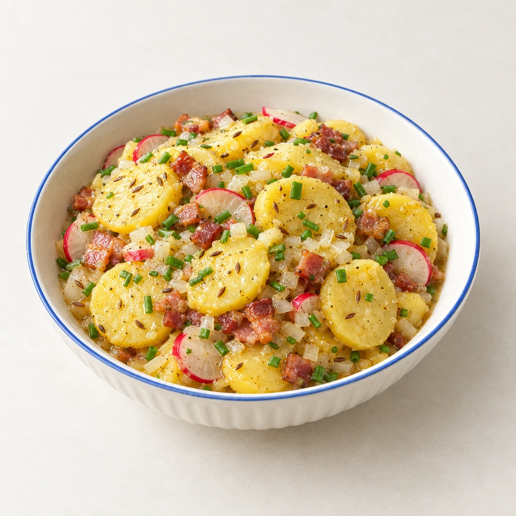 Warm potato salad with diced bacon, sliced radishes and chives in a shallow bowl.