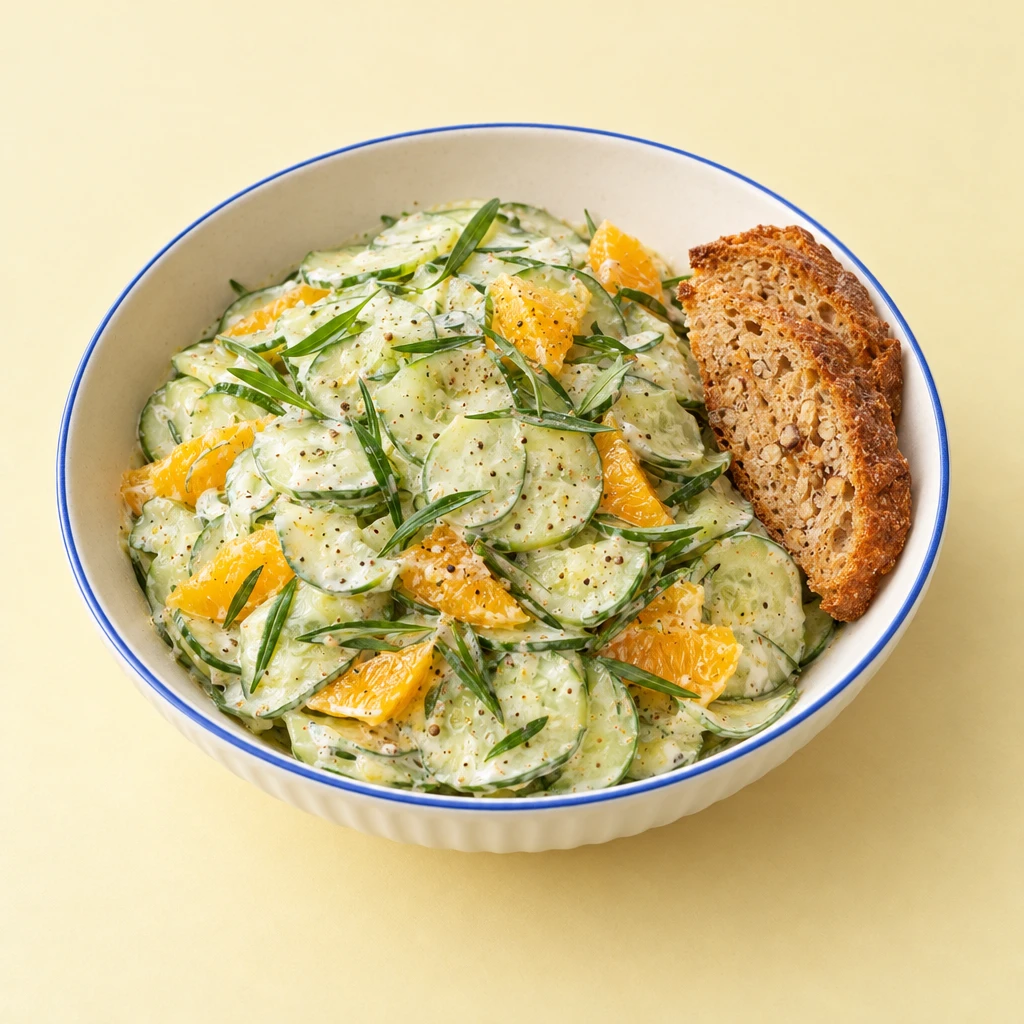 Cucumber salad with creamy mustard and orange dressing and tarragon, served with crisp slices of potato and nut bread.