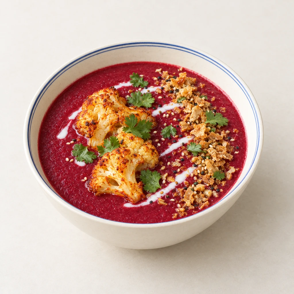 Creamy beetroot and Jerusalem artichoke soup topped with roasted cauliflower strips, sesame seeds, Jerusalem artichoke seasoning and coriander.