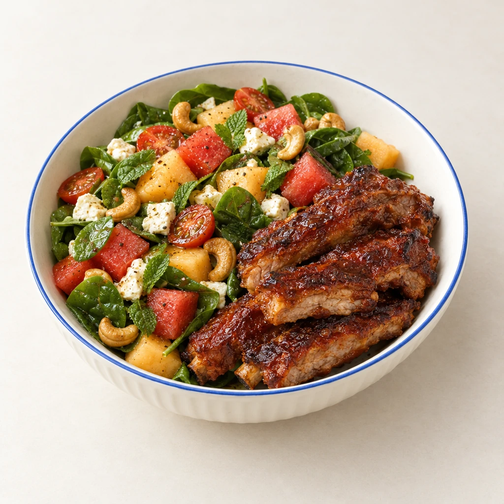 Glasierte BBQ-Rippchen mit Melonensalat aus Babyspinat, Tomaten, Feta und gerösteten Cashewkernen auf einem Teller.