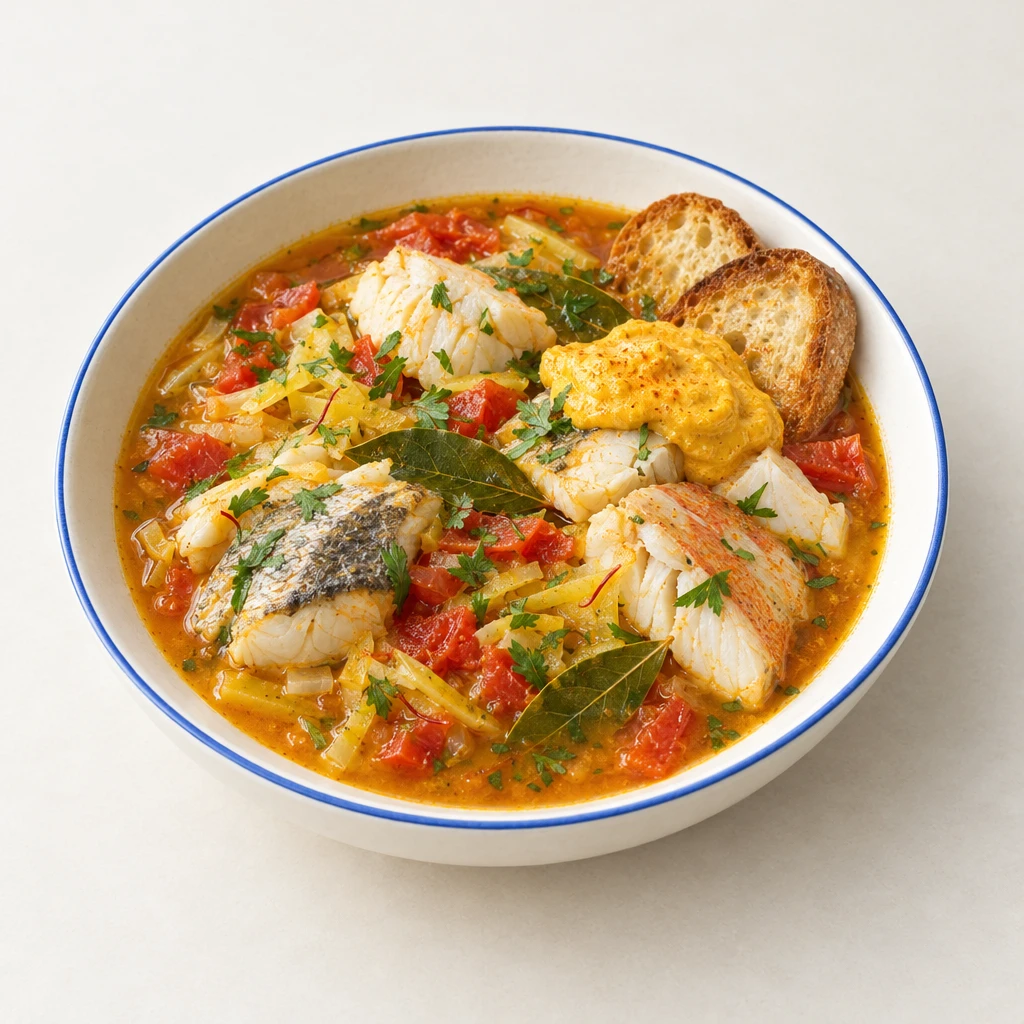 Bouillabaisse mit Fisch, Kartoffeln und Tomaten auf einer Platte, dazu Brühe mit Baguette und cremige Rouille.
