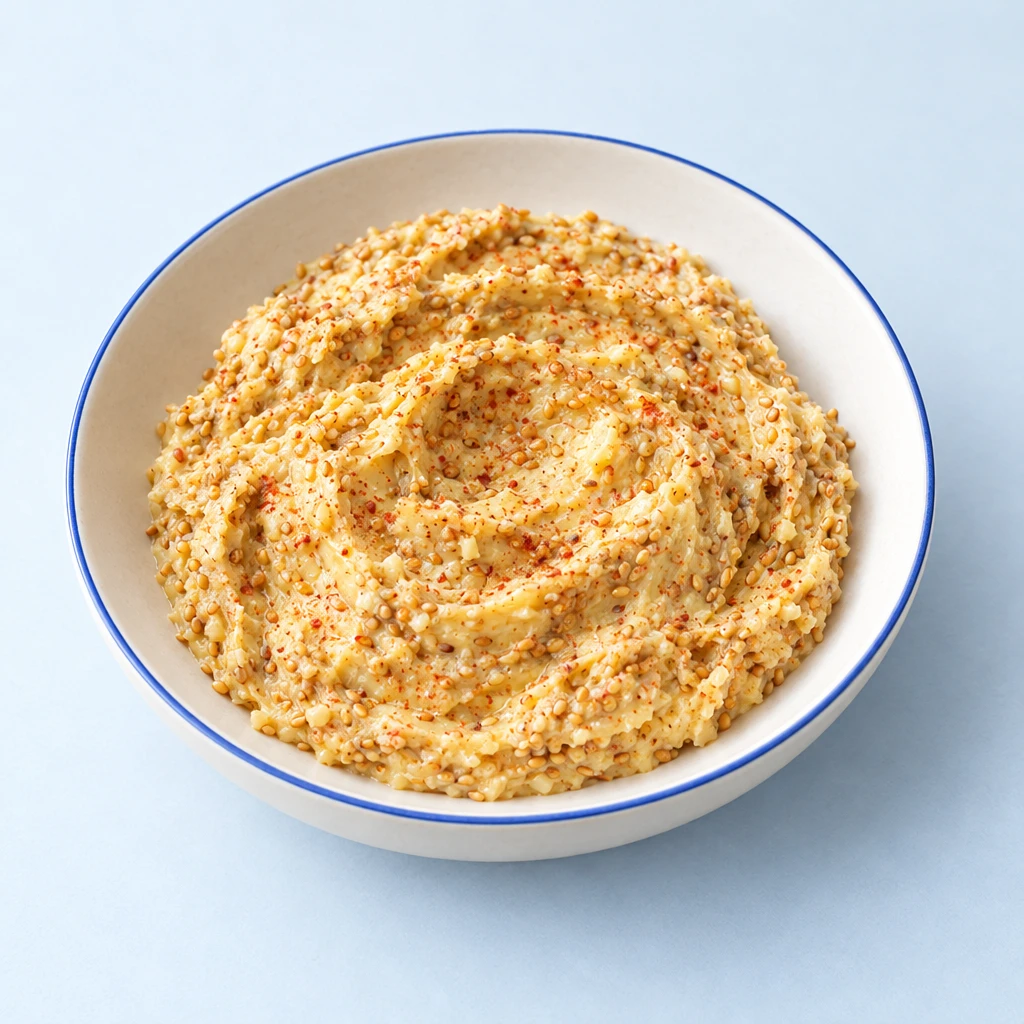 Pale yellow sesame butter with toasted sesame seeds in a shallow bowl.