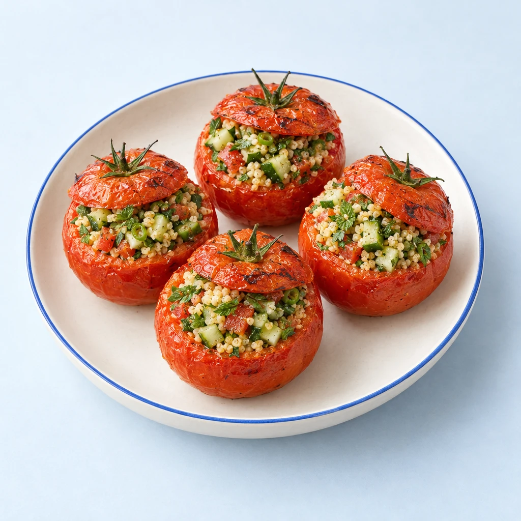 Grilled tomatoes filled with bulgur, diced cucumber and tomato, and fresh herbs on a plate.