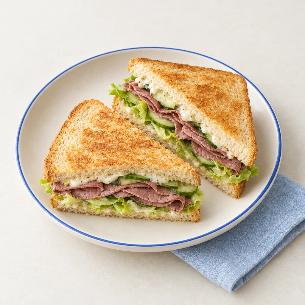Diagonal halbiertes Roastbeef-Sandwich mit geröstetem Toastbrot, Kopfsalat, Gurke und cremiger Senfsauce.